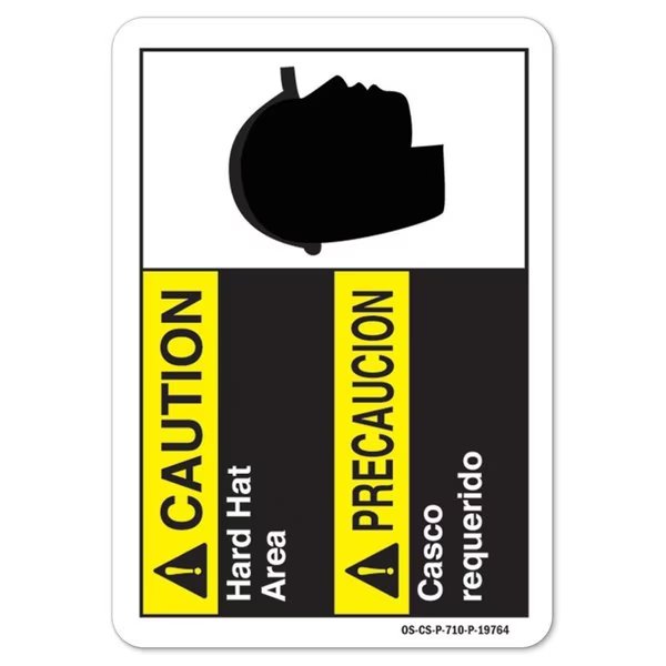 ANSI Caution Sign, Hard Hat Area-Bilingual, 14in X 10in Rigid Plastic, 14